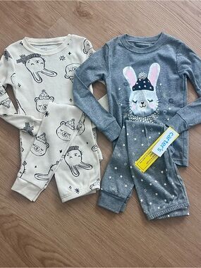 NWT Carter's Girls' Bunny Print 2-Pack Pajama Set - Gray & Cream
